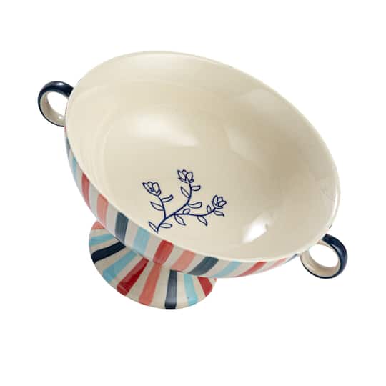 Hello Honey® 13" Multicolor Hand-Painted Stoneware Footed Bowl with Handles & Stripes